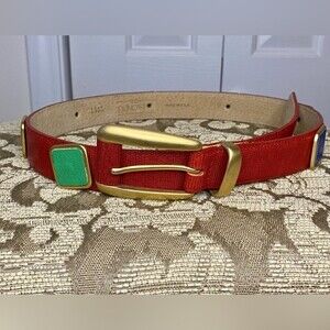 EUC DONCASTER Red Leather Belt Multi Color Conchos Made in USA